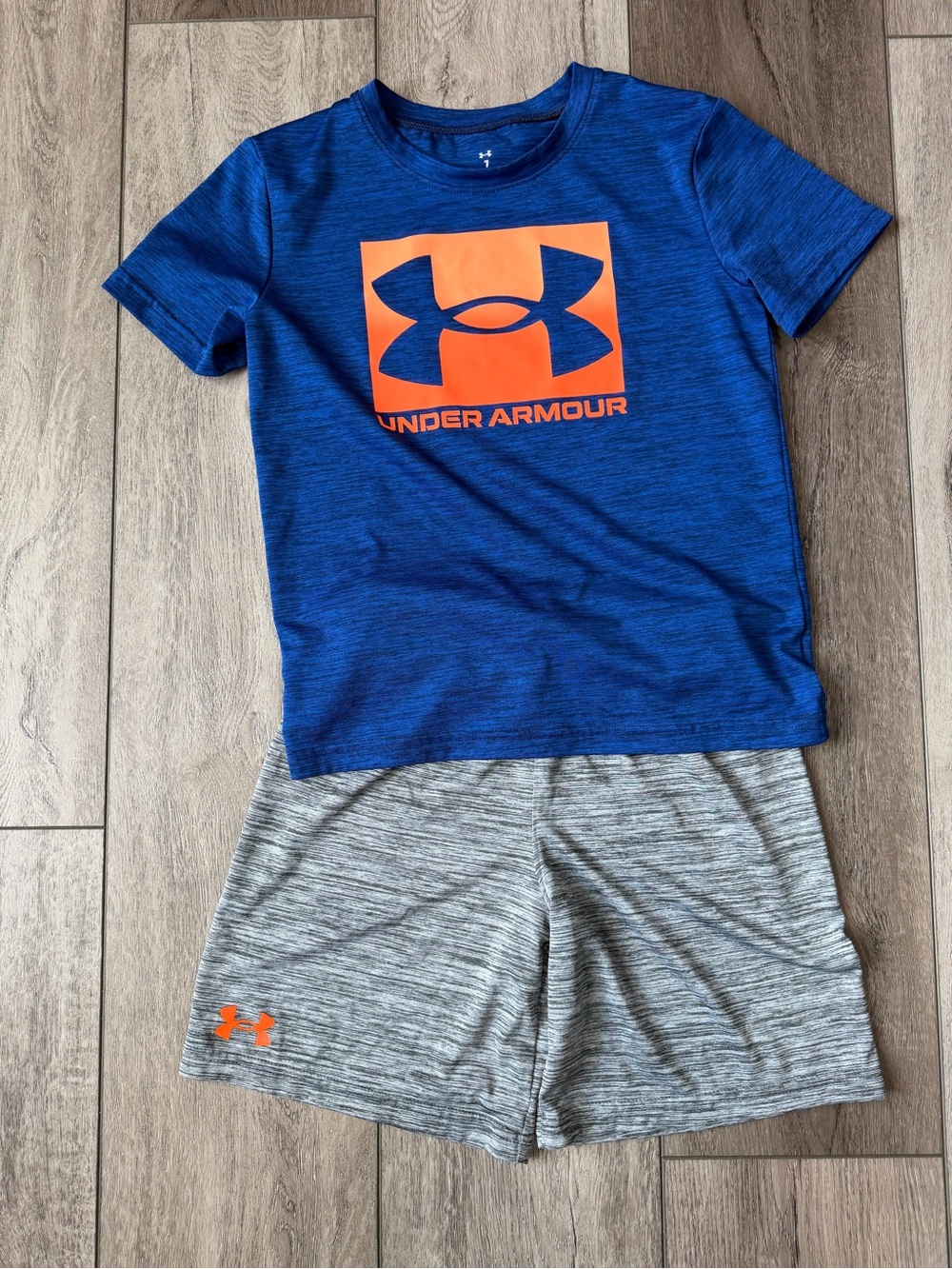 Under Armour Royal Blue Tee with Orange Logo and Gray Shorts